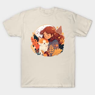 Cute Cat & Girl Kawaii Anime Retro Fall Cat Mom T-Shirt